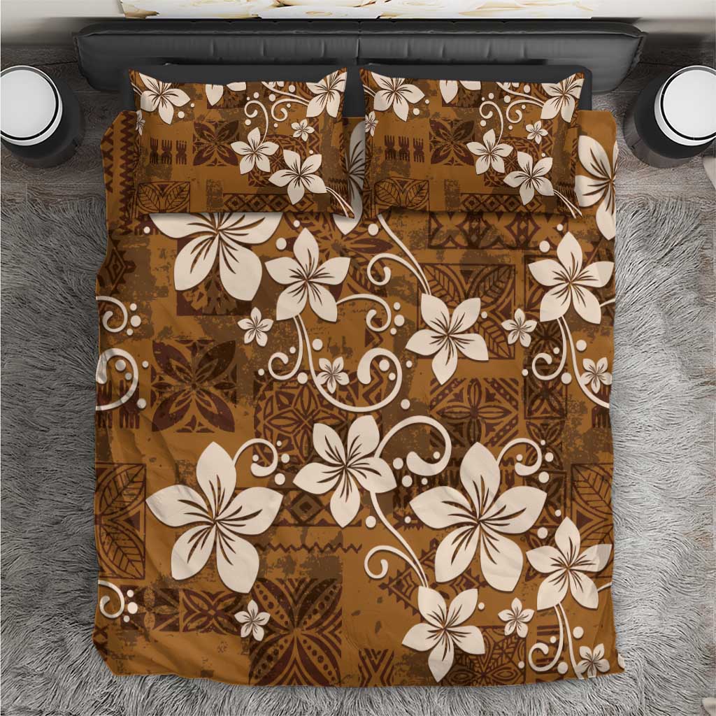 Plumeria Floral Tapa Pattern Vintage Gold Bedding Set