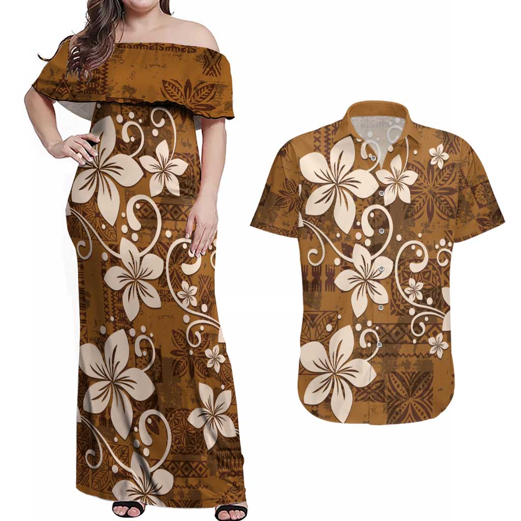 Plumeria Floral Tapa Pattern Vintage Gold Couples Matching Off Shoulder Maxi Dress and Hawaiian Shirt