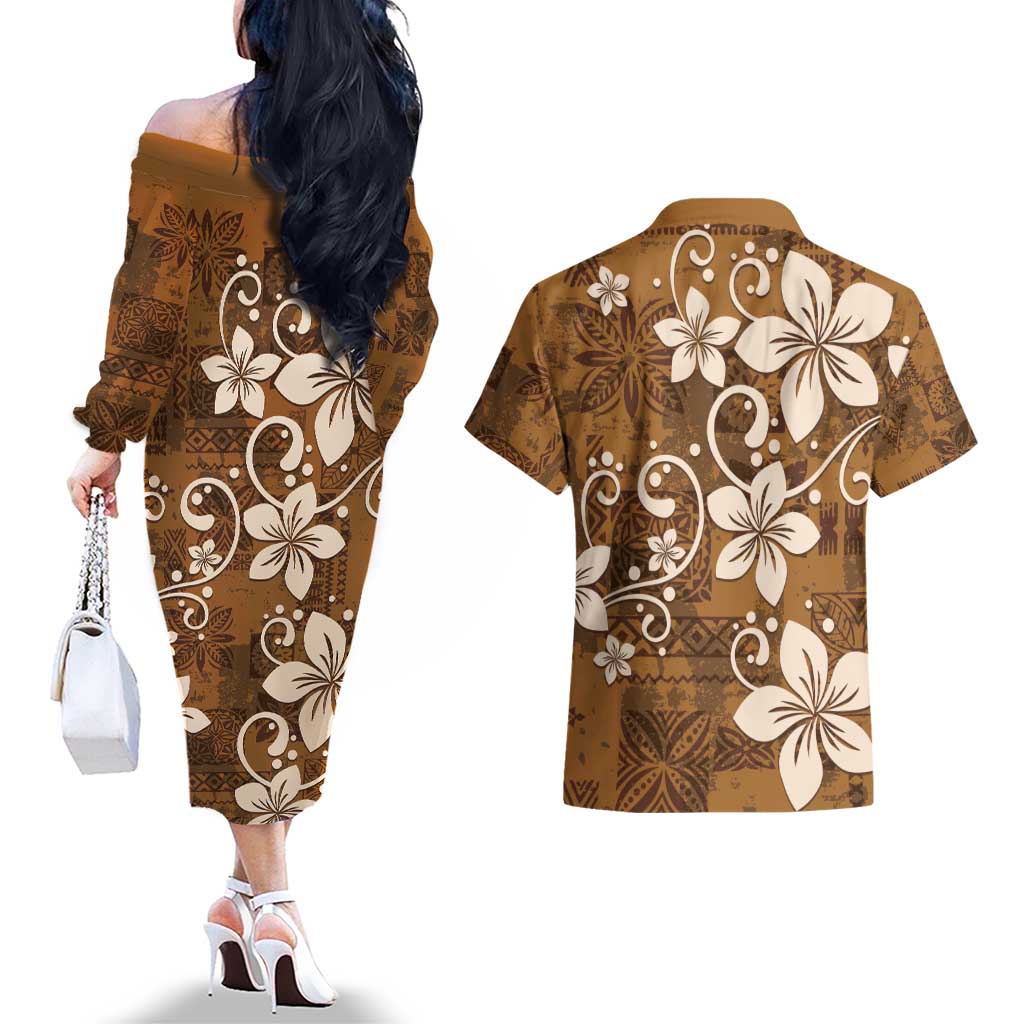 Plumeria Floral Tapa Pattern Vintage Gold Couples Matching Off The Shoulder Long Sleeve Dress and Hawaiian Shirt