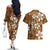 Plumeria Floral Tapa Pattern Vintage Gold Couples Matching Off The Shoulder Long Sleeve Dress and Hawaiian Shirt