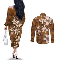 Plumeria Floral Tapa Pattern Vintage Gold Couples Matching Off The Shoulder Long Sleeve Dress and Long Sleeve Button Shirt LT01 - Polynesian Pride