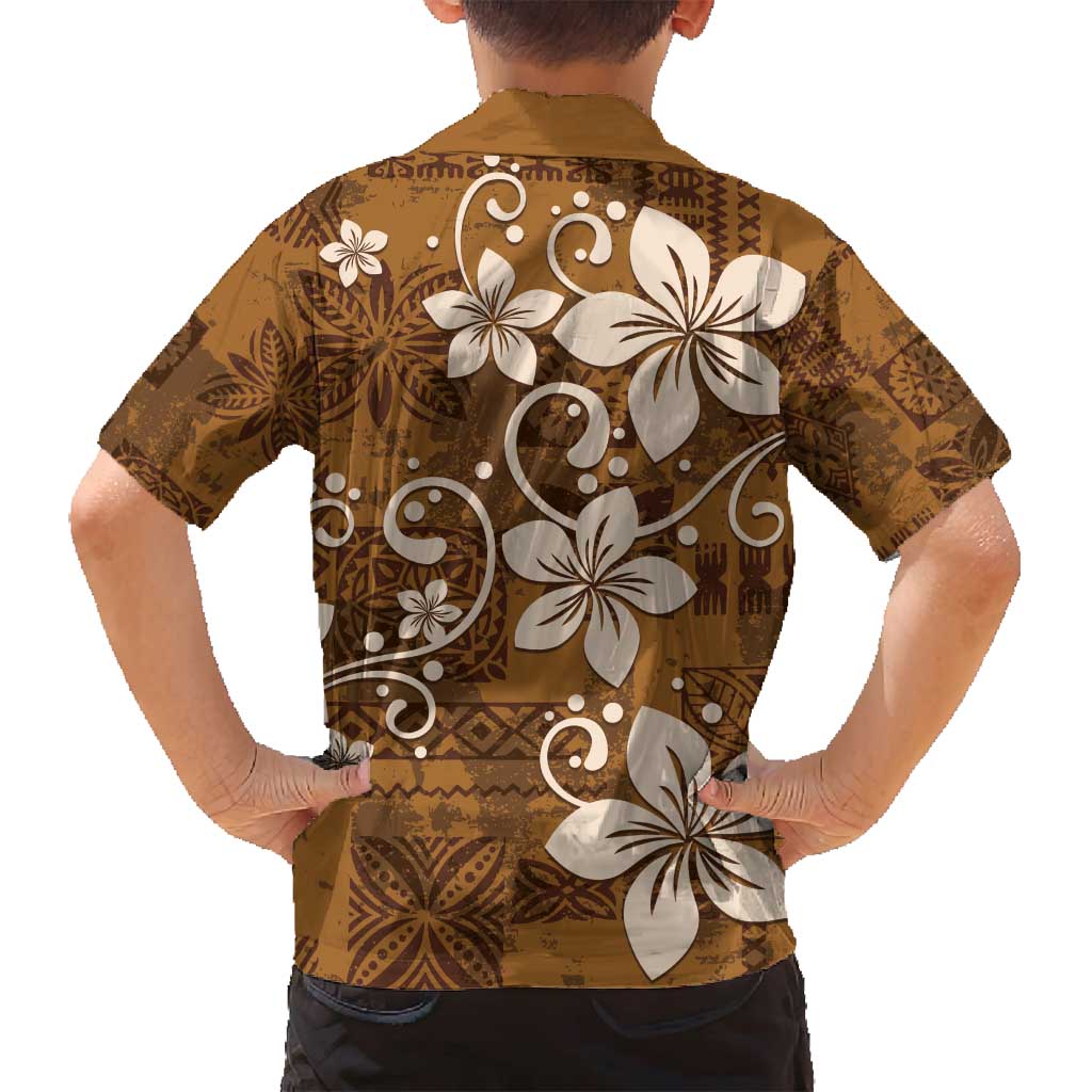 Plumeria Floral Tapa Pattern Vintage Gold Family Matching Long Sleeve Bodycon Dress and Hawaiian Shirt LT01 - Polynesian Pride