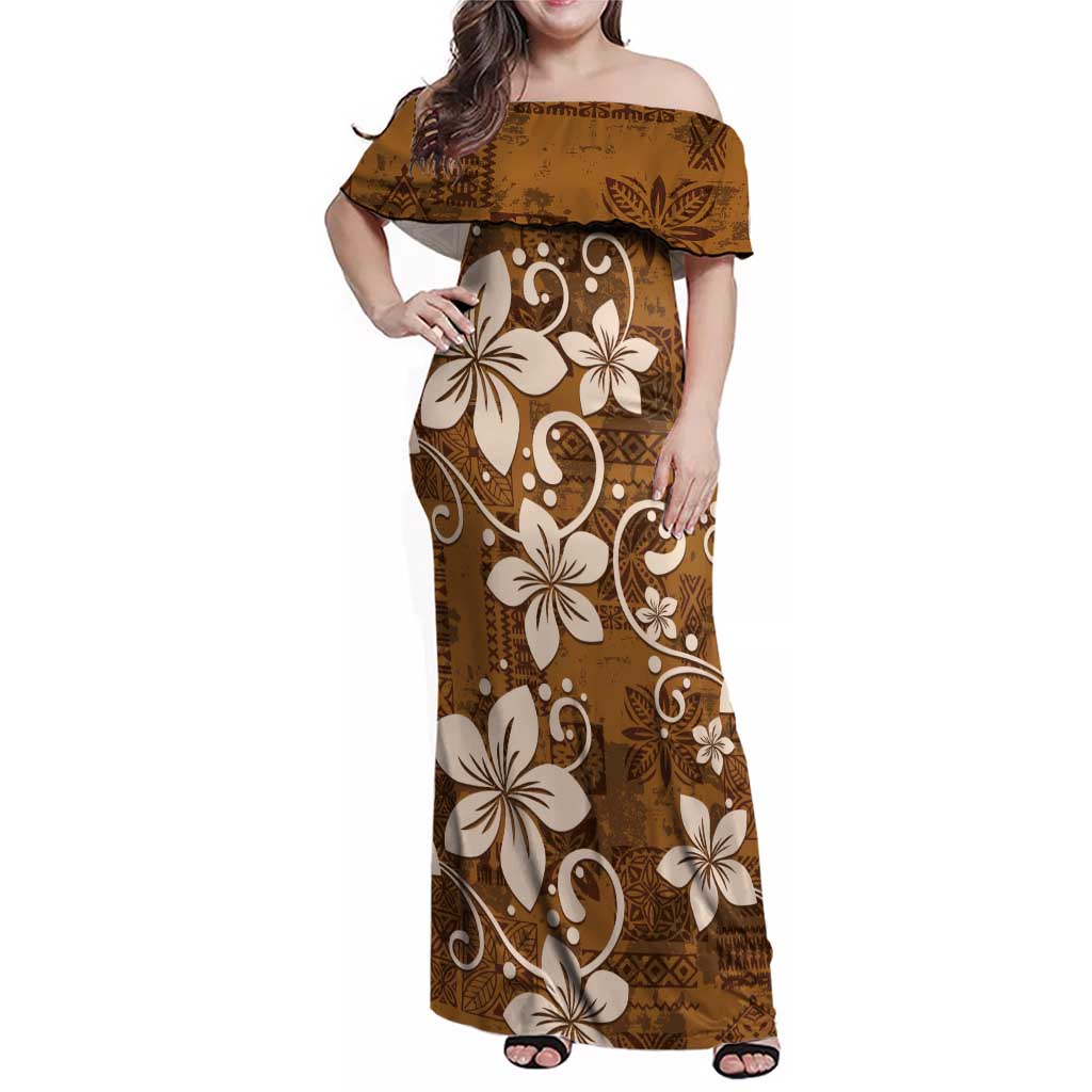 Plumeria Floral Tapa Pattern Vintage Gold Family Matching Off Shoulder Maxi Dress and Hawaiian Shirt