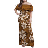 Plumeria Floral Tapa Pattern Vintage Gold Family Matching Off Shoulder Maxi Dress and Hawaiian Shirt