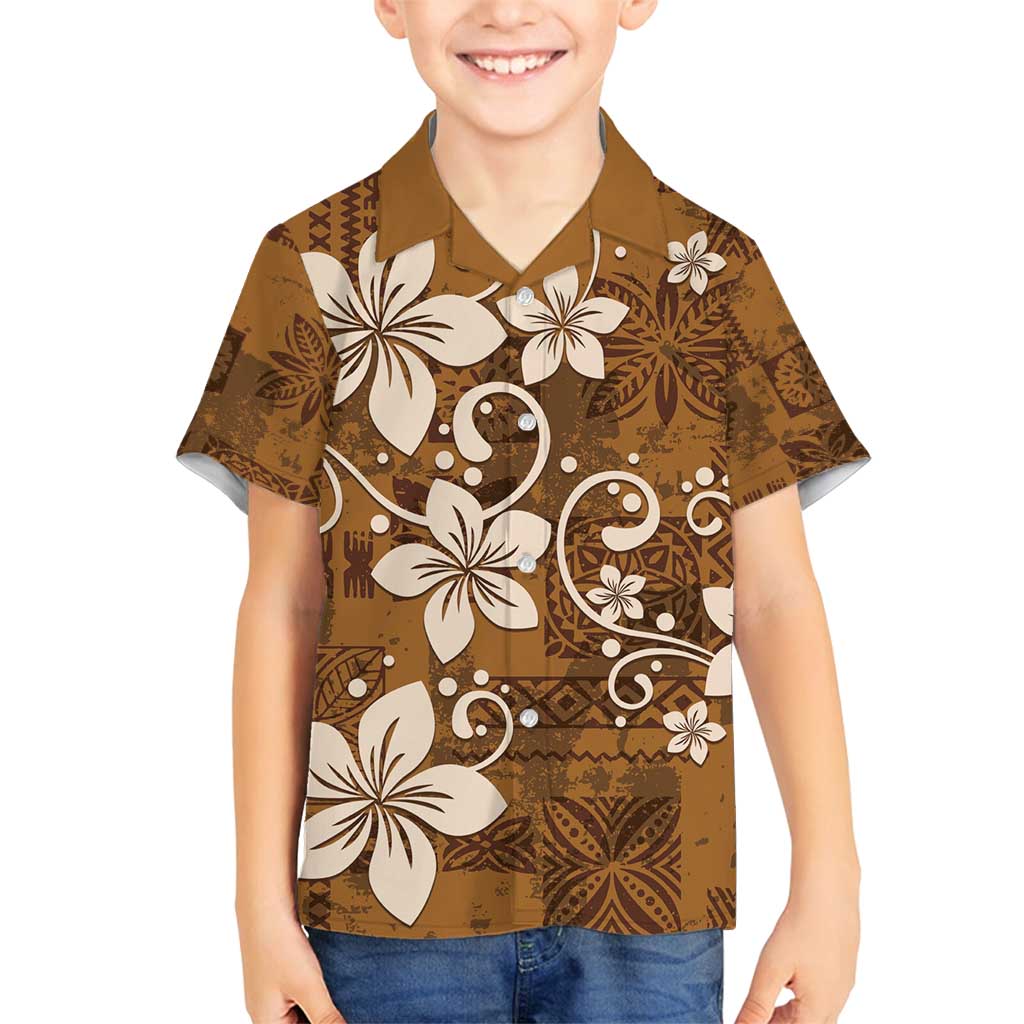 Plumeria Floral Tapa Pattern Vintage Gold Family Matching Puletasi and Hawaiian Shirt LT01 Son's Shirt Gold - Polynesian Pride