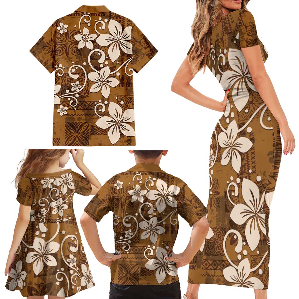 Plumeria Floral Tapa Pattern Vintage Gold Family Matching Short Sleeve Bodycon Dress and Hawaiian Shirt LT01 - Polynesian Pride