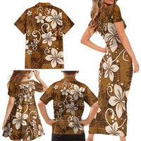 Plumeria Floral Tapa Pattern Vintage Gold Family Matching Short Sleeve Bodycon Dress and Hawaiian Shirt LT01 - Polynesian Pride