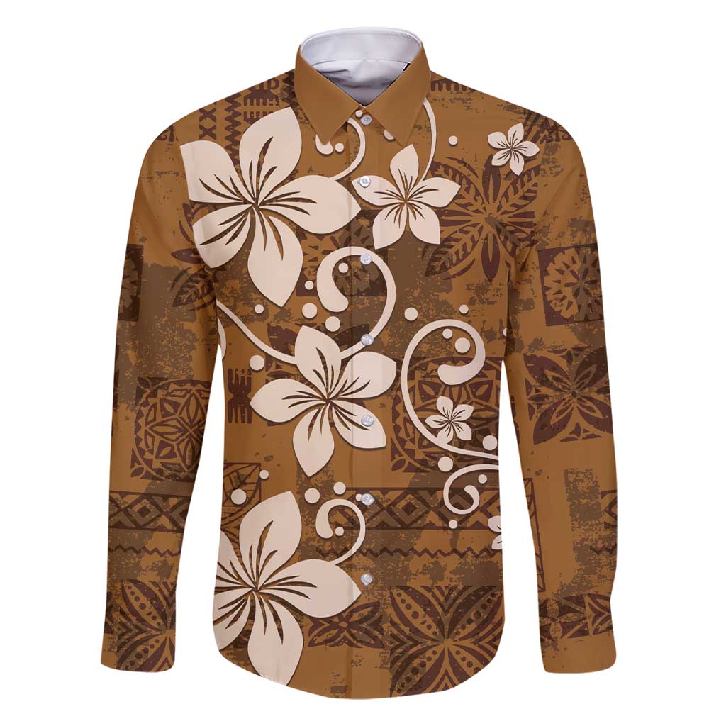 Plumeria Floral Tapa Pattern Vintage Gold Family Matching Short Sleeve Bodycon Dress and Hawaiian Shirt LT01 Dad's Shirt - Long Sleeve Gold - Polynesian Pride