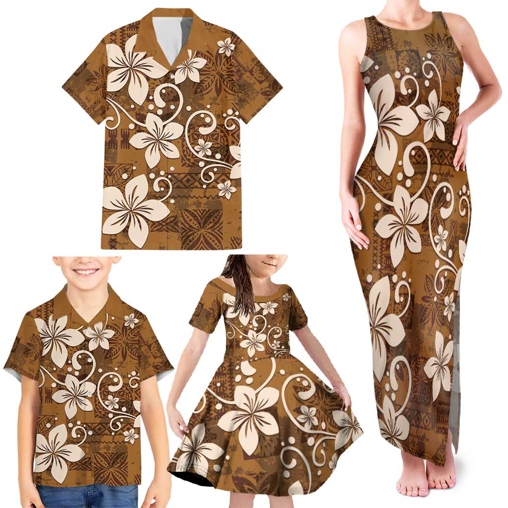 Plumeria Floral Tapa Pattern Vintage Gold Family Matching Tank Maxi Dress and Hawaiian Shirt