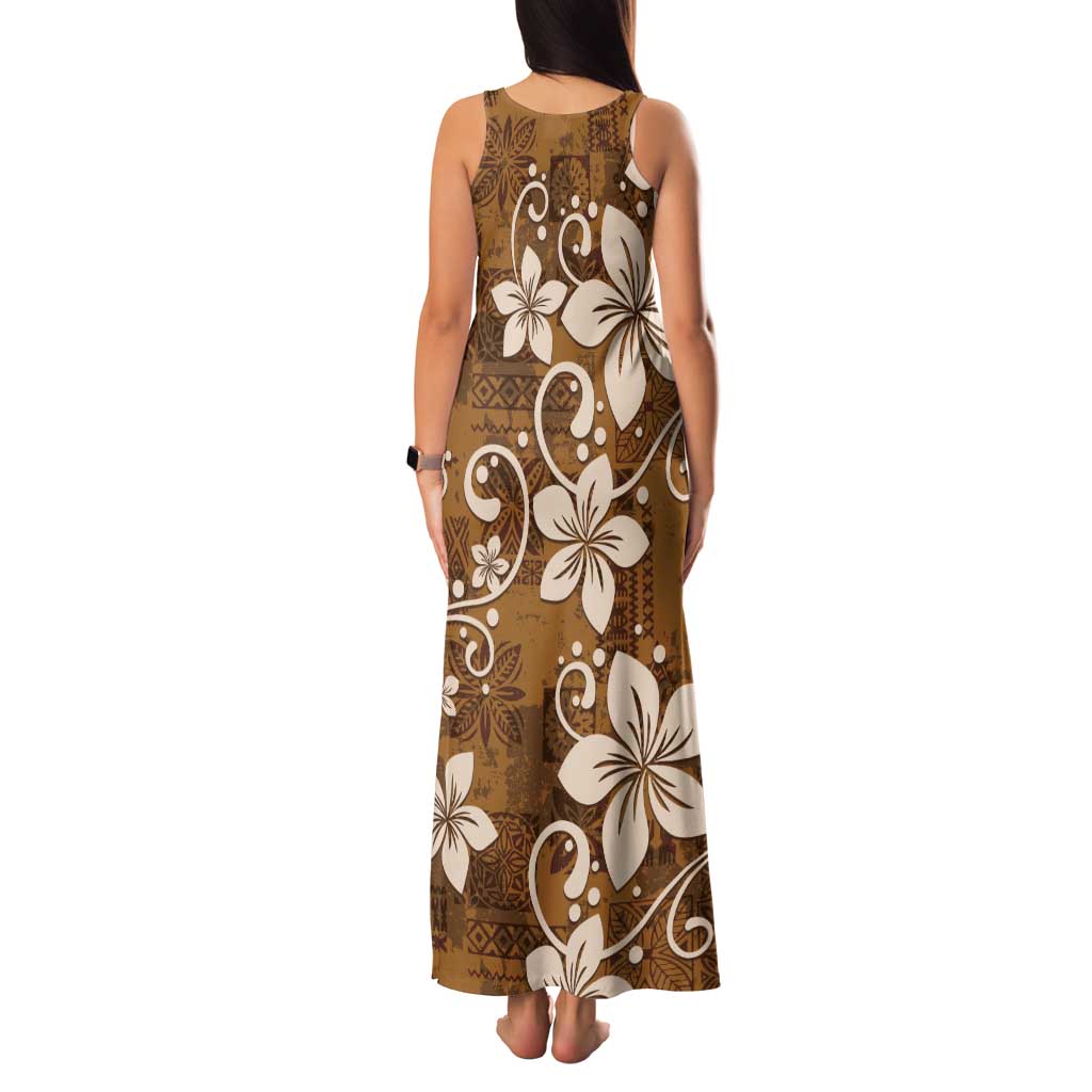 Plumeria Floral Tapa Pattern Vintage Gold Family Matching Tank Maxi Dress and Hawaiian Shirt