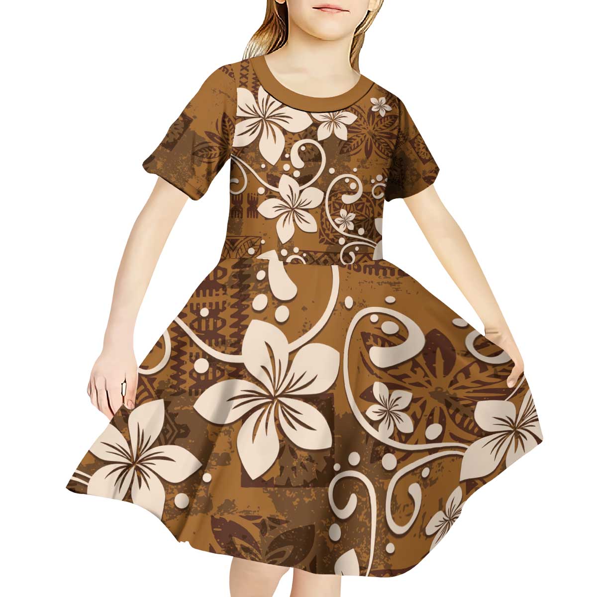 Plumeria Floral Tapa Pattern Vintage Gold Kid Short Sleeve Dress