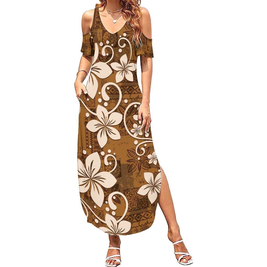 Plumeria Floral Tapa Pattern Vintage Gold Summer Maxi Dress