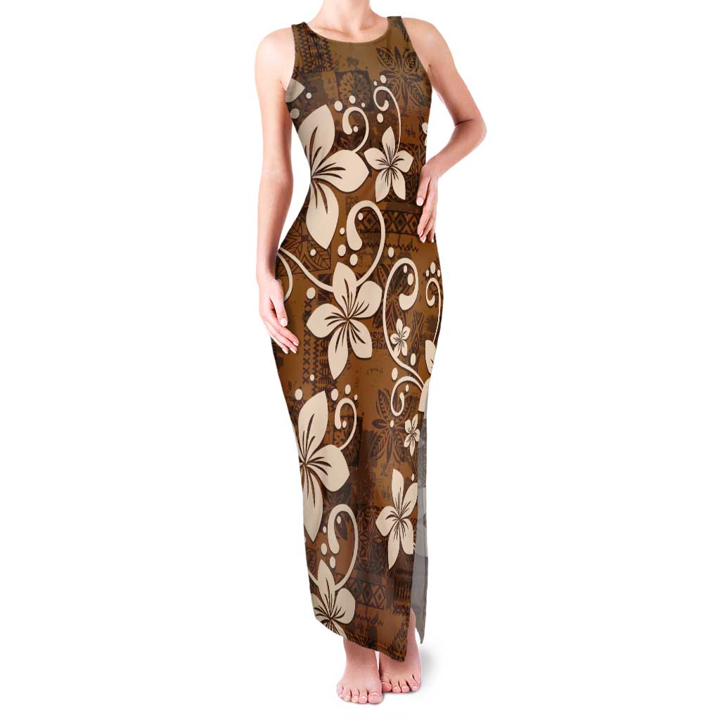 Plumeria Floral Tapa Pattern Vintage Gold Tank Maxi Dress