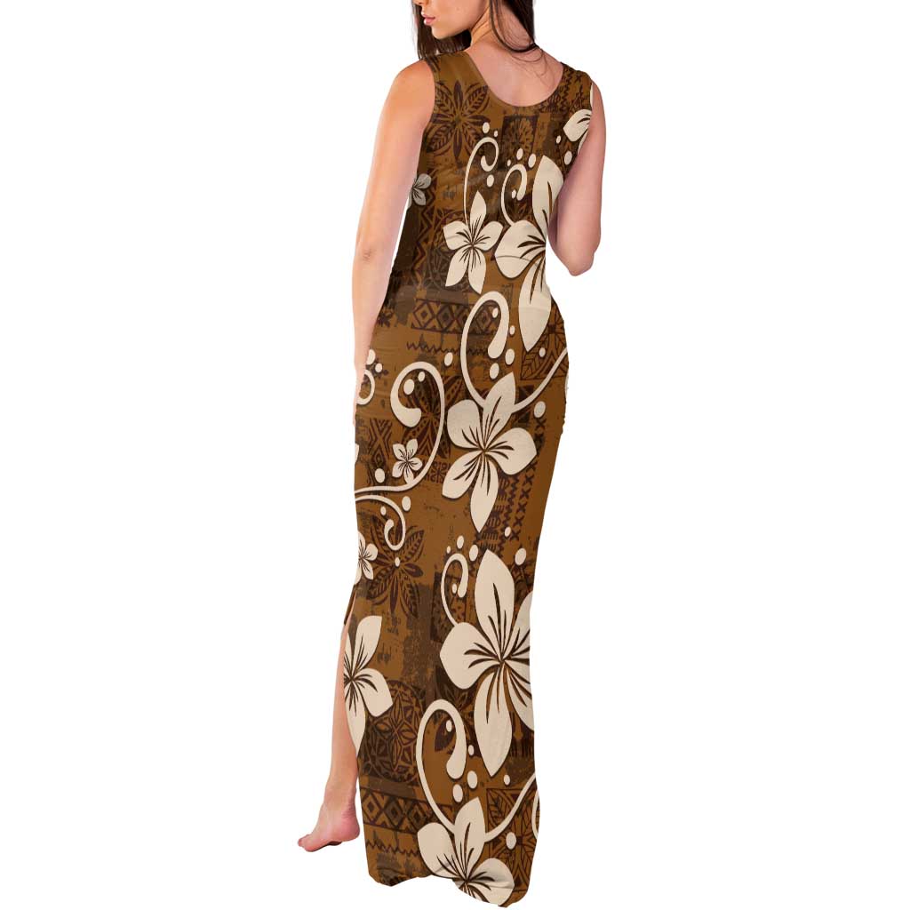 Plumeria Floral Tapa Pattern Vintage Gold Tank Maxi Dress