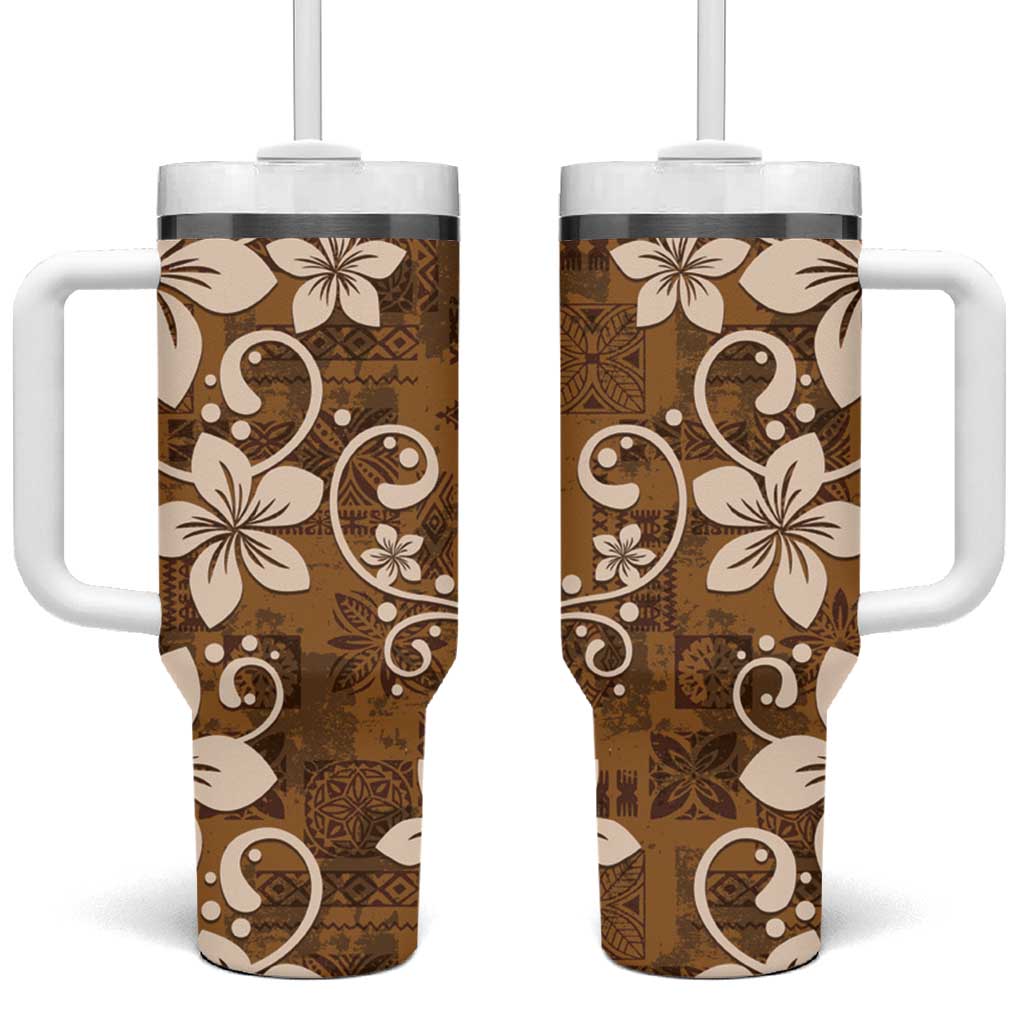 Plumeria Floral Tapa Pattern Vintage Gold Tumbler With Handle