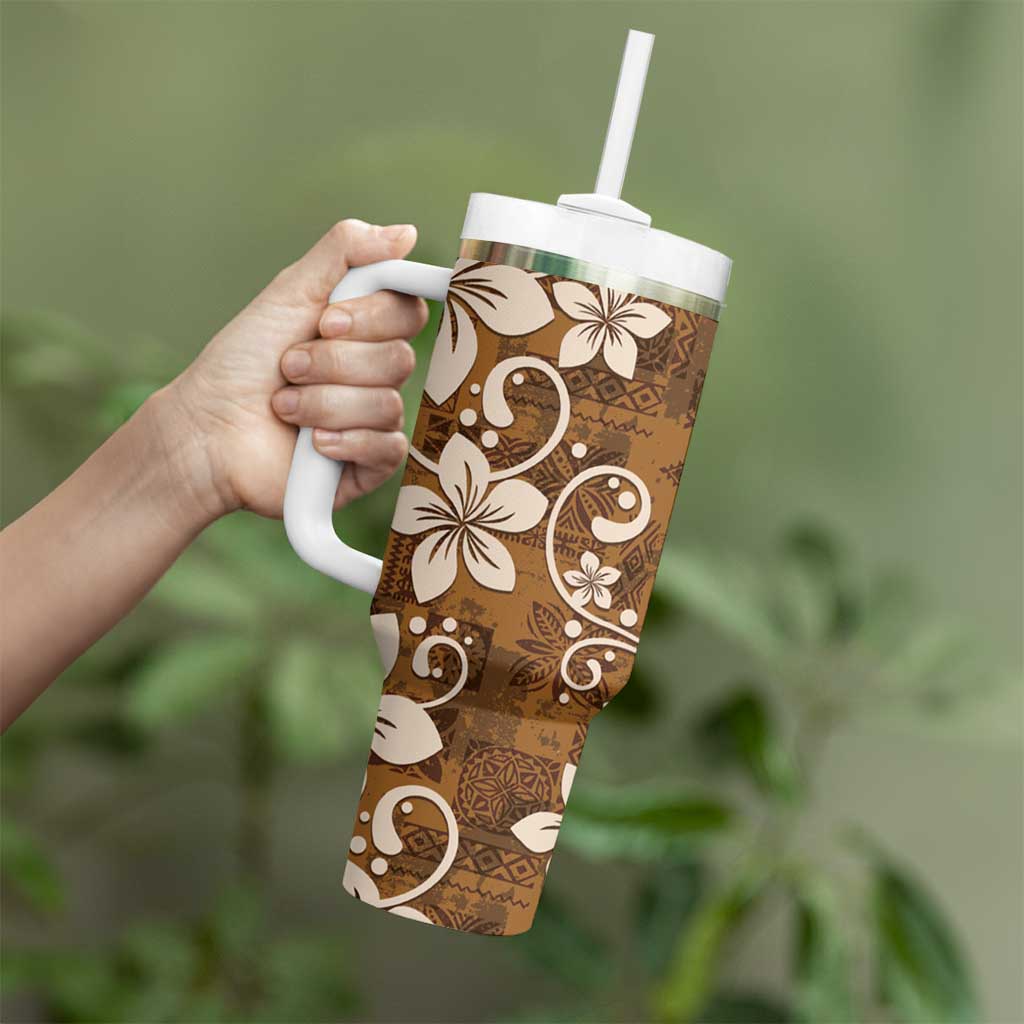 Plumeria Floral Tapa Pattern Vintage Gold Tumbler With Handle