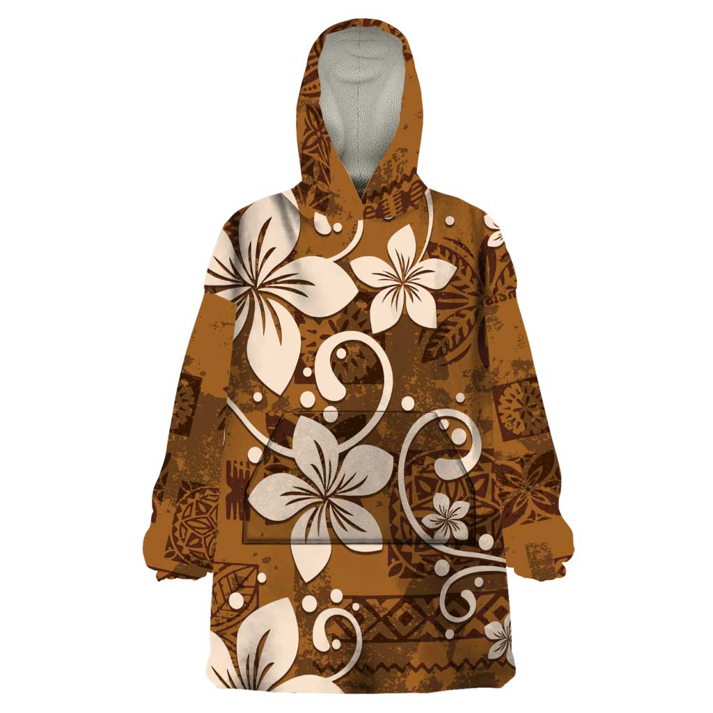 Plumeria Floral Tapa Pattern Vintage Gold Wearable Blanket Hoodie