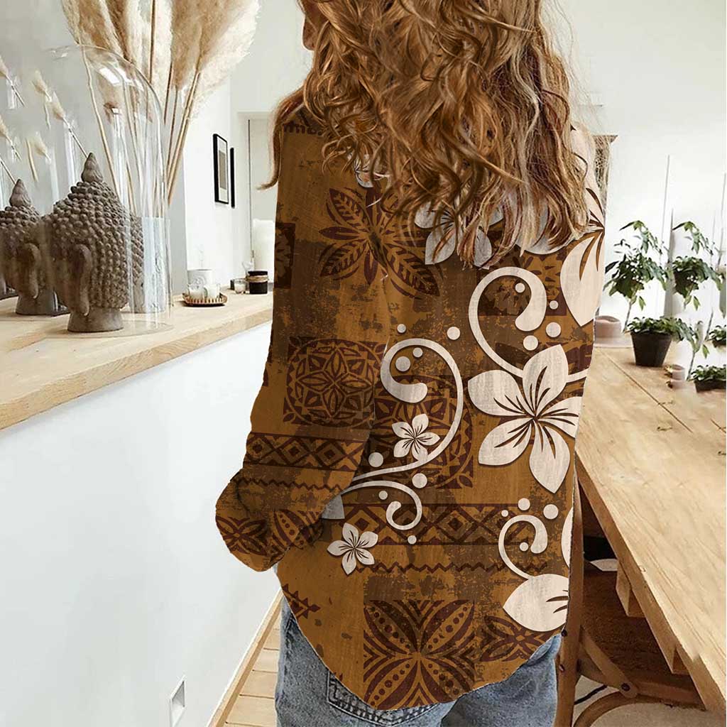 Plumeria Floral Tapa Pattern Vintage Gold Women Casual Shirt