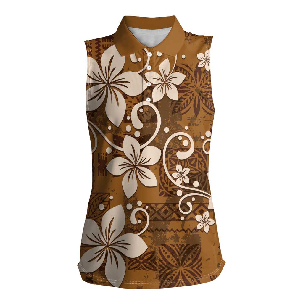 Plumeria Floral Tapa Pattern Vintage Gold Women Sleeveless Polo Shirt LT01 Female Gold - Polynesian Pride
