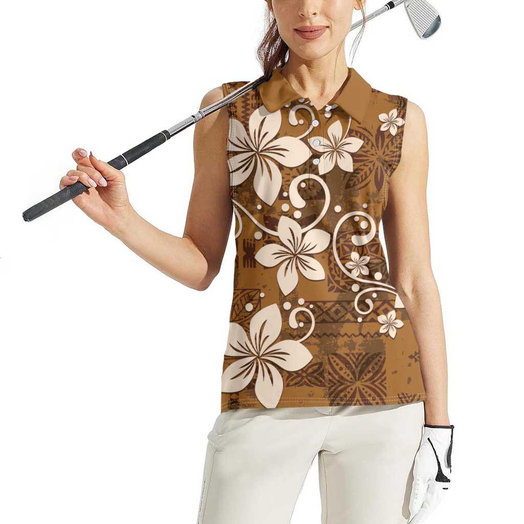 Plumeria Floral Tapa Pattern Vintage Gold Women Sleeveless Polo Shirt LT01 - Polynesian Pride