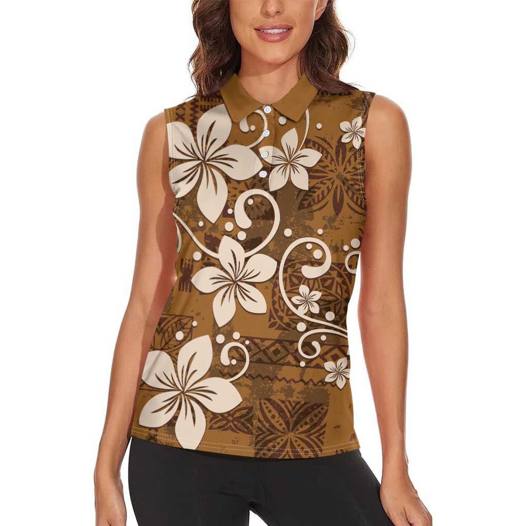 Plumeria Floral Tapa Pattern Vintage Gold Women Sleeveless Polo Shirt LT01 - Polynesian Pride