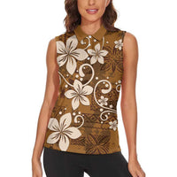 Plumeria Floral Tapa Pattern Vintage Gold Women Sleeveless Polo Shirt LT01 - Polynesian Pride