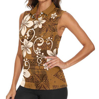 Plumeria Floral Tapa Pattern Vintage Gold Women Sleeveless Polo Shirt LT01 - Polynesian Pride