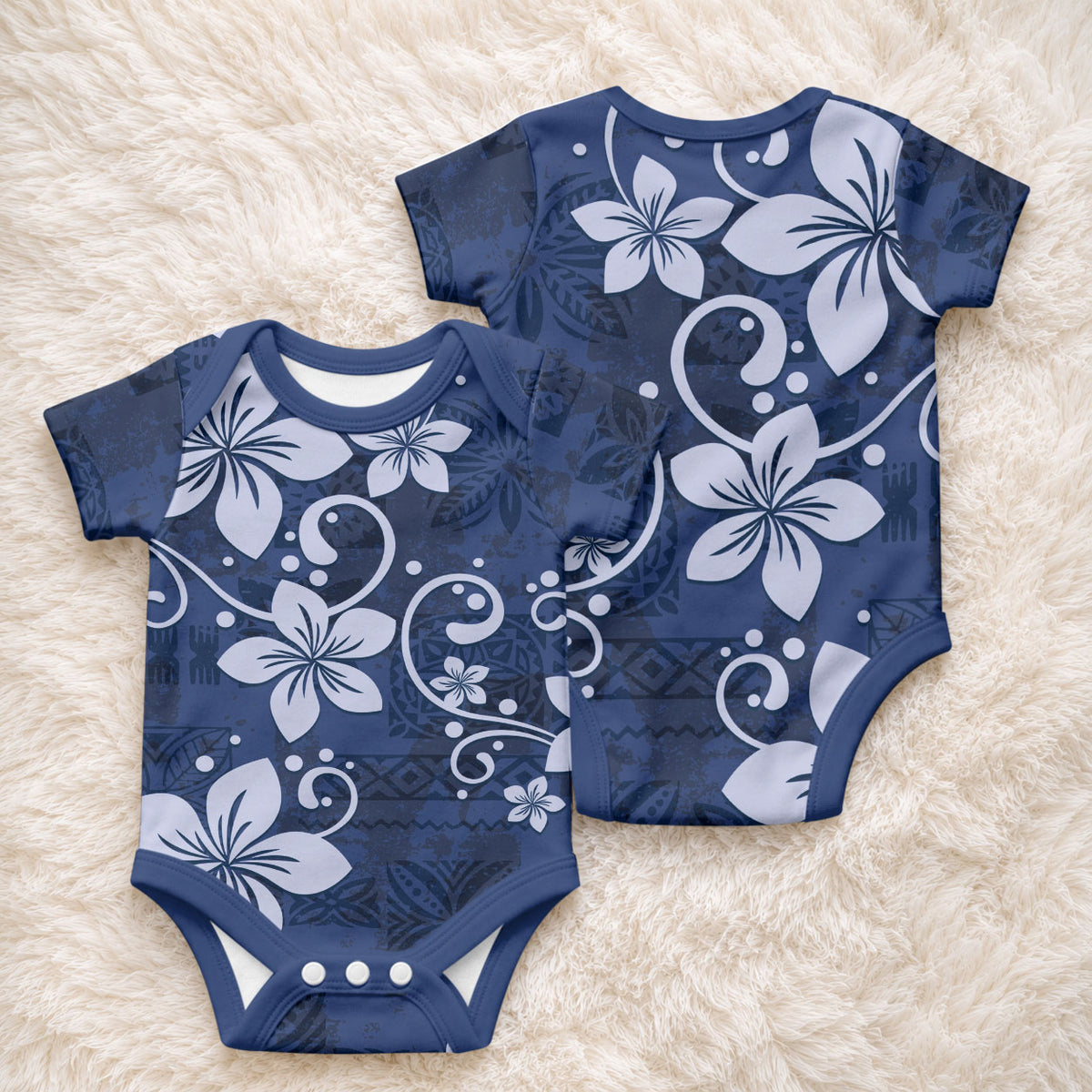 Plumeria Floral Tapa Pattern Navy Blue Baby Onesie LT01 - Polynesian Pride