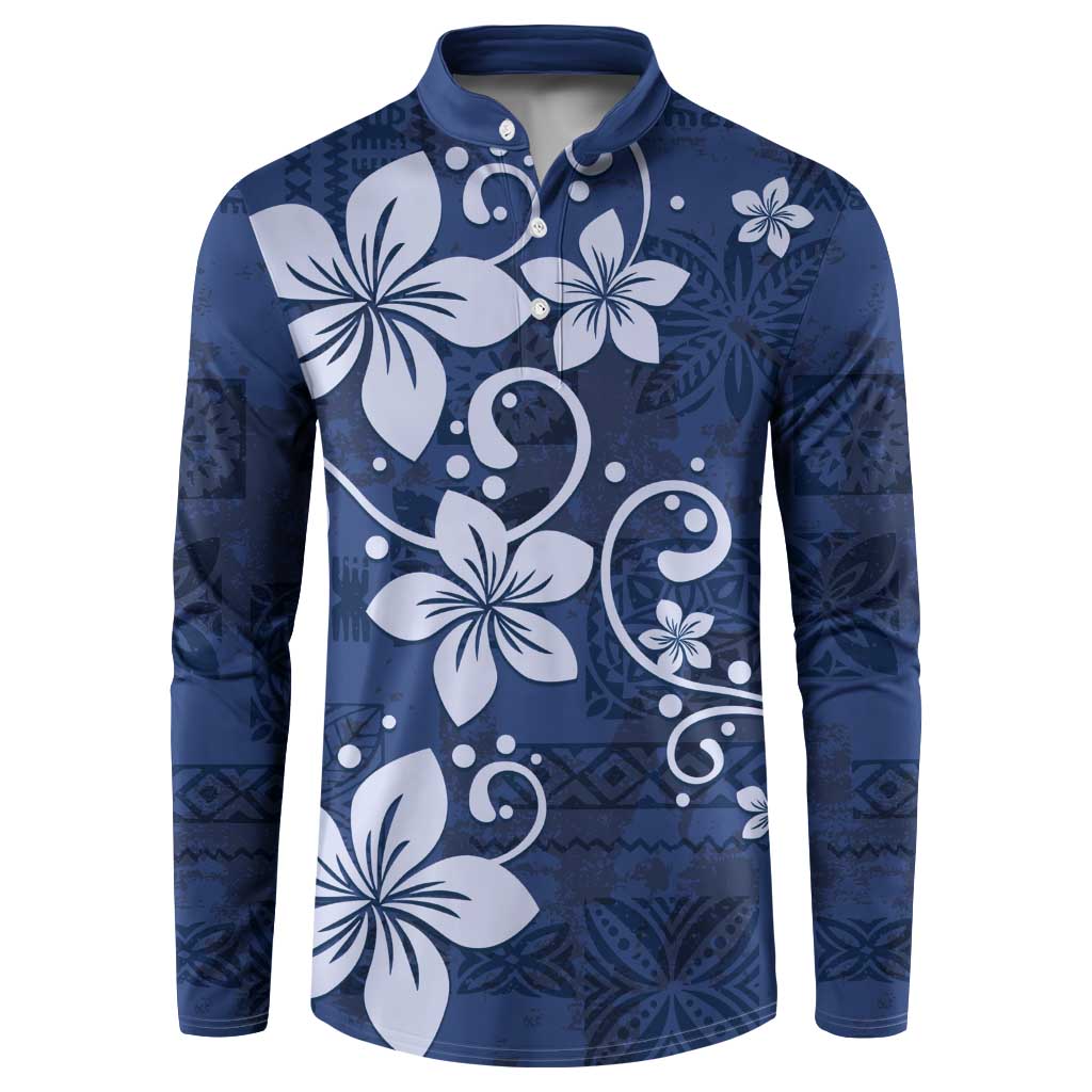 Plumeria Floral Tapa Pattern Navy Blue Button Sweatshirt