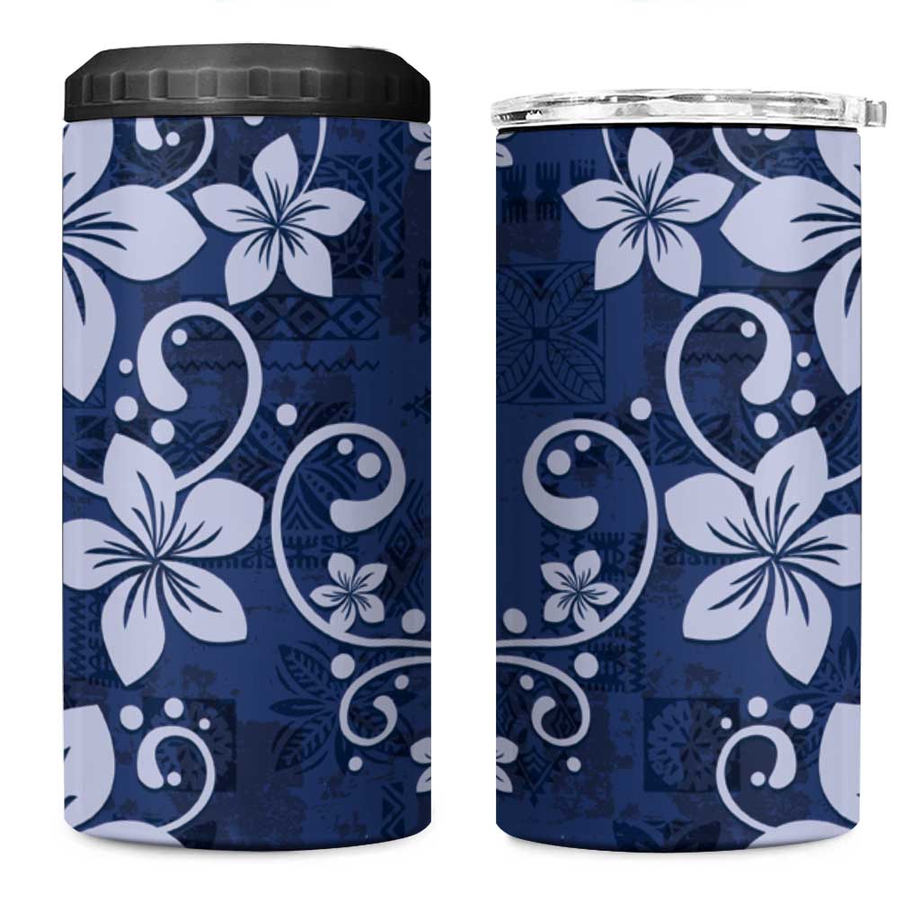 Plumeria Floral Tapa Pattern Navy Blue 4 in 1 Can Cooler Tumbler