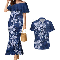 Plumeria Floral Tapa Pattern Navy Blue Couples Matching Mermaid Dress and Hawaiian Shirt