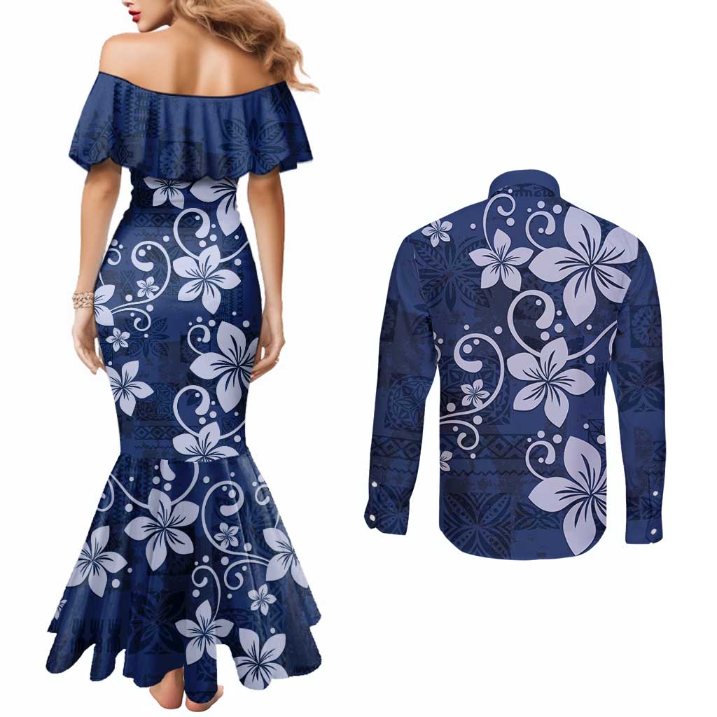 Plumeria Floral Tapa Pattern Navy Blue Couples Matching Mermaid Dress and Long Sleeve Button Shirt