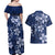 Plumeria Floral Tapa Pattern Navy Blue Couples Matching Off Shoulder Maxi Dress and Hawaiian Shirt