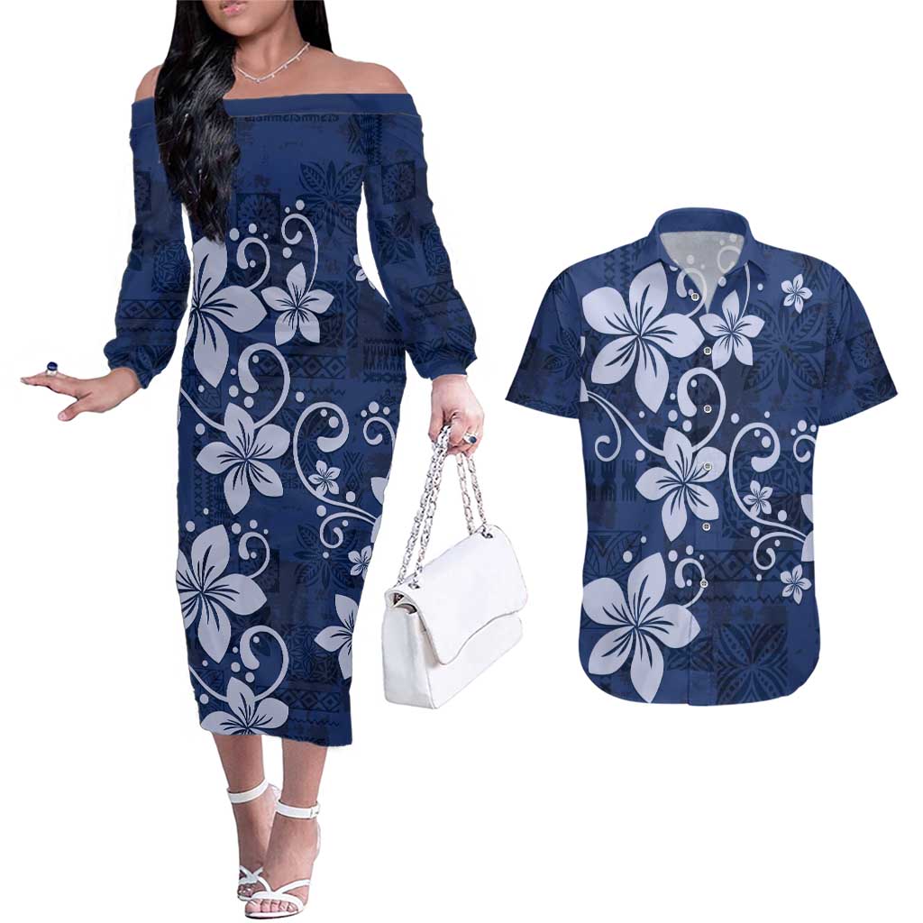 Plumeria Floral Tapa Pattern Navy Blue Couples Matching Off The Shoulder Long Sleeve Dress and Hawaiian Shirt