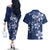 Plumeria Floral Tapa Pattern Navy Blue Couples Matching Off The Shoulder Long Sleeve Dress and Hawaiian Shirt