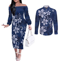 Plumeria Floral Tapa Pattern Navy Blue Couples Matching Off The Shoulder Long Sleeve Dress and Long Sleeve Button Shirt LT01 Blue - Polynesian Pride