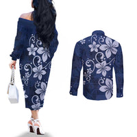 Plumeria Floral Tapa Pattern Navy Blue Couples Matching Off The Shoulder Long Sleeve Dress and Long Sleeve Button Shirt LT01 - Polynesian Pride