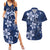 Plumeria Floral Tapa Pattern Navy Blue Couples Matching Summer Maxi Dress and Hawaiian Shirt