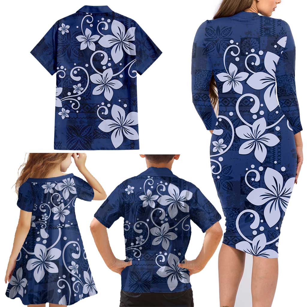 Plumeria Floral Tapa Pattern Navy Blue Family Matching Long Sleeve Bodycon Dress and Hawaiian Shirt LT01 - Polynesian Pride