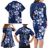 Plumeria Floral Tapa Pattern Navy Blue Family Matching Long Sleeve Bodycon Dress and Hawaiian Shirt LT01 - Polynesian Pride