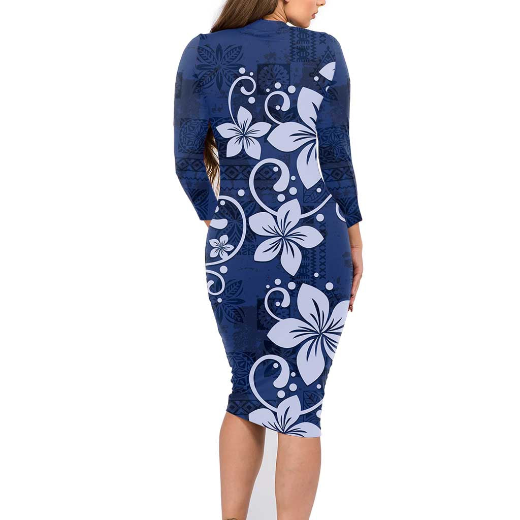 Plumeria Floral Tapa Pattern Navy Blue Family Matching Long Sleeve Bodycon Dress and Hawaiian Shirt LT01 - Polynesian Pride