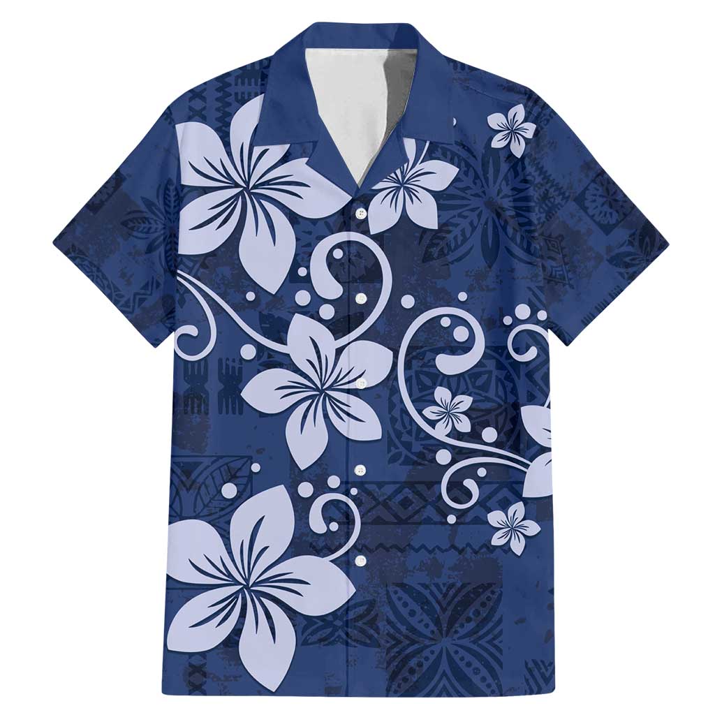 Plumeria Floral Tapa Pattern Navy Blue Family Matching Mermaid Dress and Hawaiian Shirt LT01 Dad's Shirt - Short Sleeve Blue - Polynesian Pride