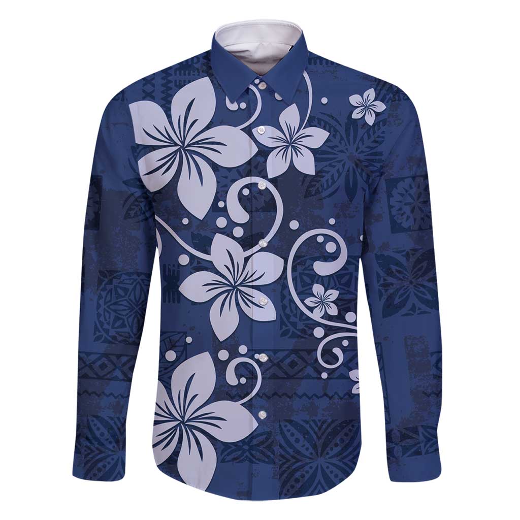 Plumeria Floral Tapa Pattern Navy Blue Family Matching Mermaid Dress and Hawaiian Shirt LT01 Dad's Shirt - Long Sleeve Blue - Polynesian Pride