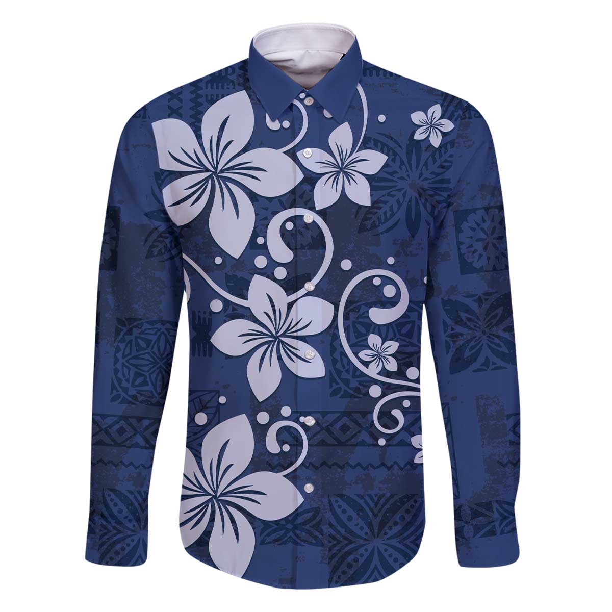 Plumeria Floral Tapa Pattern Navy Blue Family Matching Off The Shoulder Long Sleeve Dress and Hawaiian Shirt