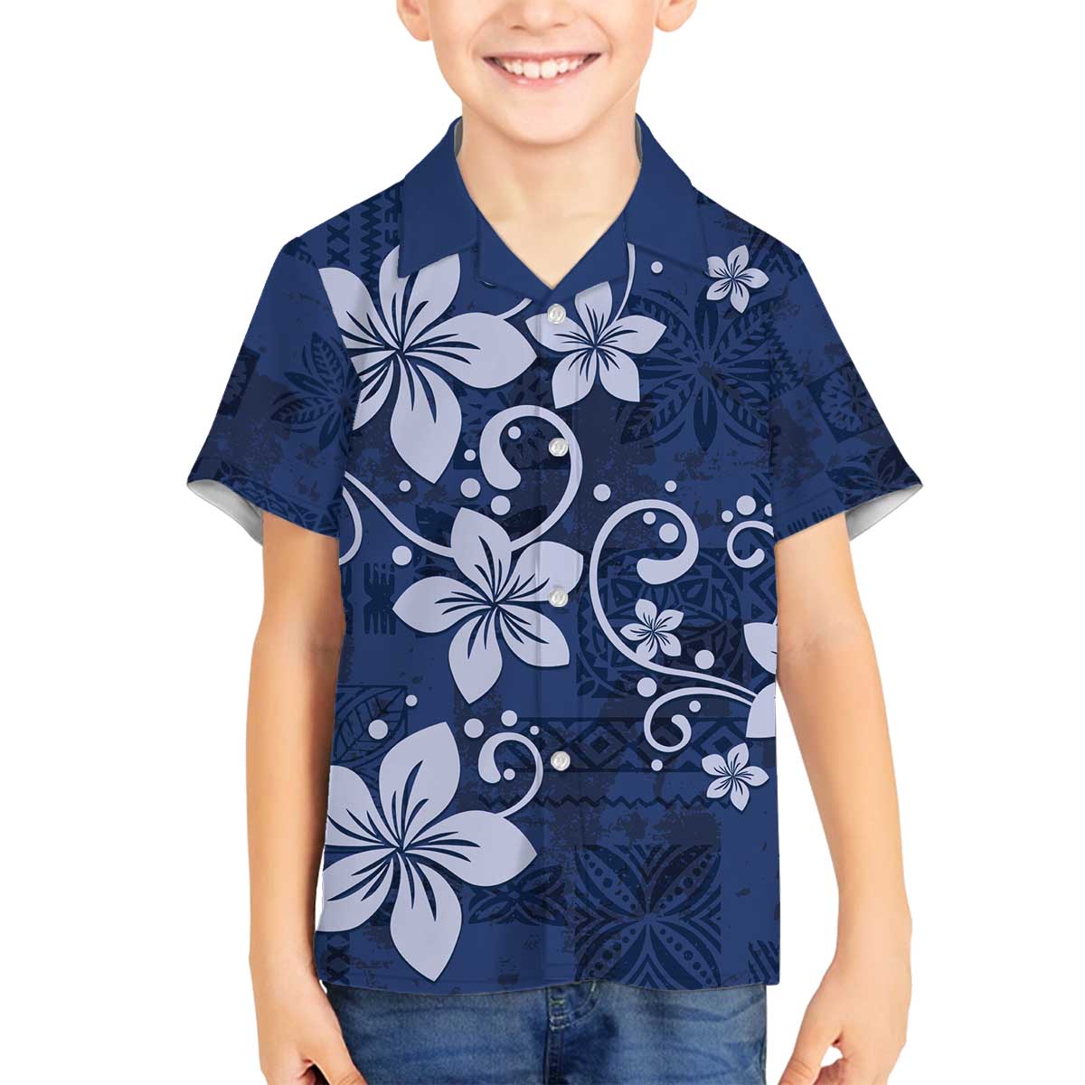 Plumeria Floral Tapa Pattern Navy Blue Family Matching Off The Shoulder Long Sleeve Dress and Hawaiian Shirt