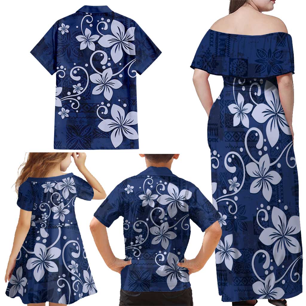 Plumeria Floral Tapa Pattern Navy Blue Family Matching Off Shoulder Maxi Dress and Hawaiian Shirt
