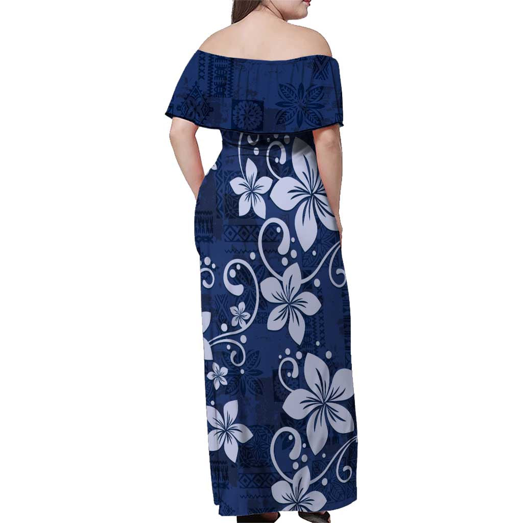 Plumeria Floral Tapa Pattern Navy Blue Family Matching Off Shoulder Maxi Dress and Hawaiian Shirt