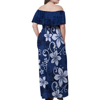 Plumeria Floral Tapa Pattern Navy Blue Family Matching Off Shoulder Maxi Dress and Hawaiian Shirt