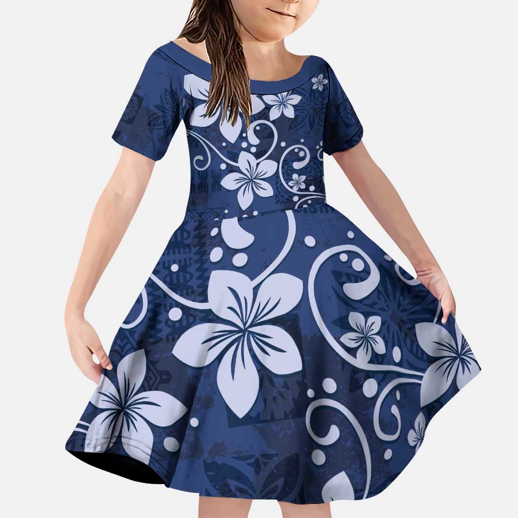 Plumeria Floral Tapa Pattern Navy Blue Family Matching Puletasi and Hawaiian Shirt LT01 Daughter's Dress Blue - Polynesian Pride