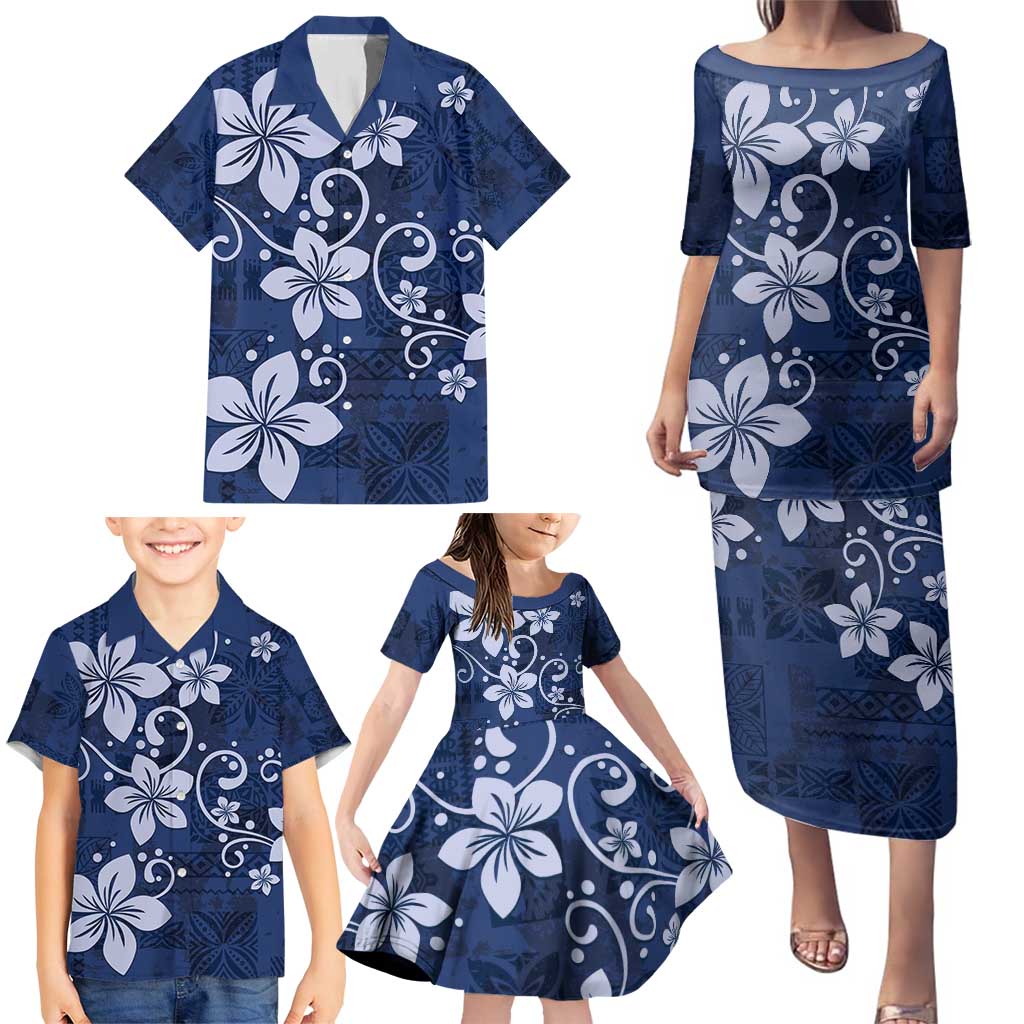 Plumeria Floral Tapa Pattern Navy Blue Family Matching Puletasi and Hawaiian Shirt LT01 - Polynesian Pride